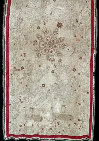 Rare Antique Hand Embroidered Kantha Quilt with Birds & Trees of Life: 19th Century, Bangladesh