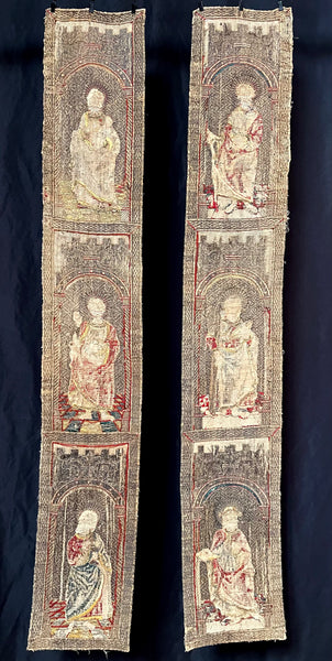 Rare Tudor Orphrey Silk and Metal Thread Embroidered Panels with Iconography Saints: C16th England