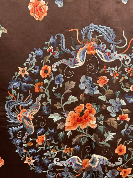 Fine Silk Embroidered Wallhanging with Symbolic Bats, Butterflies, Peonies: C19th China for export