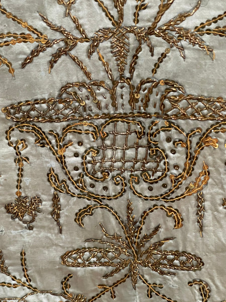 Antique Ottoman Embroidered Powder Blue Silk Satin Gold Embroidered Panels: C19th Turkey