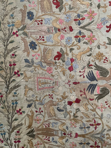 Antique Traditional Greek Island Embroidered Panel with Figures, Animals, Birds: C18th/19th Crete