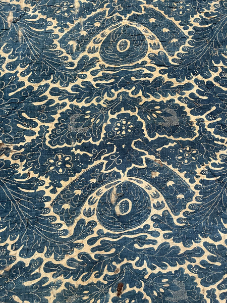 Antique Block Print Resist Dyed Quilted Toile de Rouen French Indigo: C 18th France