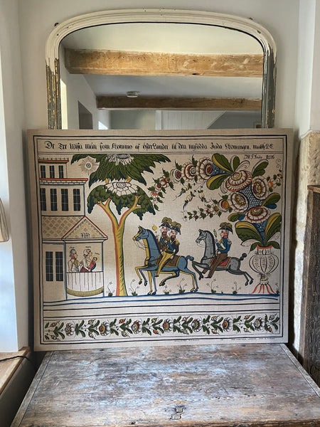 Large Swedish Folk Art Print Linen Wall Hanging: C1950s translation 19th Century Wall Paintings, Sweden