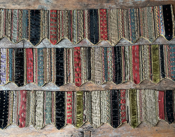 Handmade Victorian Silk Velvet Embroidered Shelf Pelmets x 3: C19th Britain