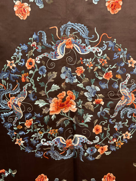 Fine Silk Embroidered Wallhanging with Symbolic Bats, Butterflies, Peonies: C19th China for export