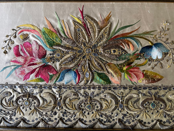 Pair of Museum Quality Italian Embroideries with Flowers and Insects Framed: C18th Italy