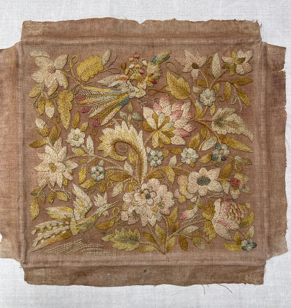 Antique Georgian Crewelwork Embroidery with Birds and Florals: C1700s England