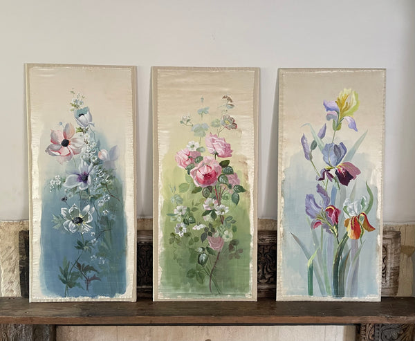 Set of Three Hand Painted Floral Silk Wall Panels :C1920 England