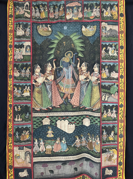 Hand Painted Pichawai Wallhanging Devotional Temple Hanging Krishna: C19th India