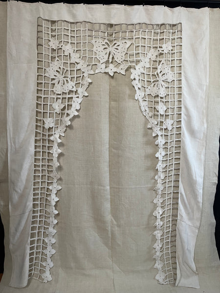 Art Deco Cutwork Embroidered Panel Wallhanging with Trellis, florals and Butterflies: C1920 France