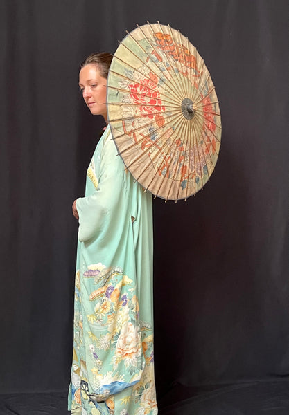 Hand Painted & Stencilled Reversible Silk Kimono Peppermint Green & Powder Pink: C1930 Japan