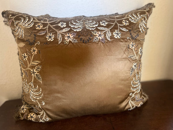 Bespoke Handmade Antique Silk and Gilt Embroidered Cushion Large Size: C19th India