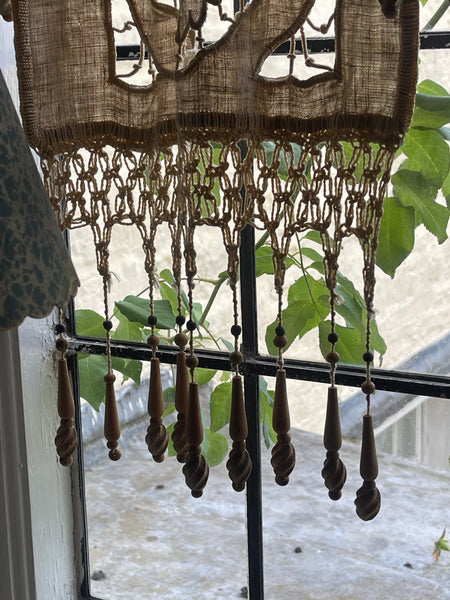 Antique Richelieu Hand Embroidered Pelmet or Café Curtain with Carved Beaded Fringe: C1900 France
