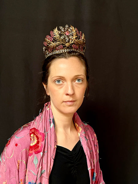 Antique Fine Gold Gilt Headdress Tiara set with Pink Diamanté: C19th France