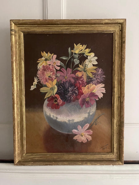 Still life Painting with Vase of Flowers: C1950 British