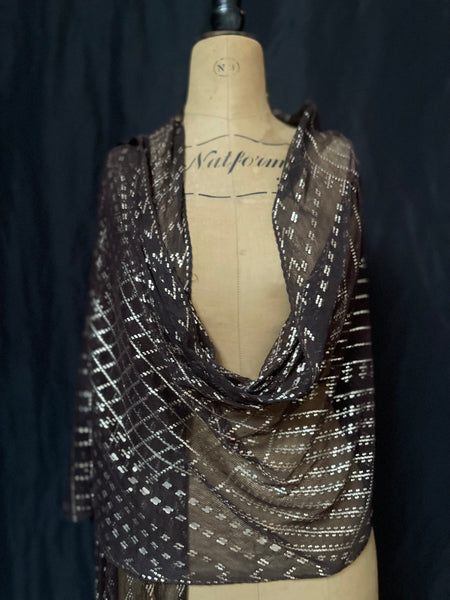 Art Deco Assuit Shawl Hand Embroidered Black with Silver Metal Thread: C1920 Egypt