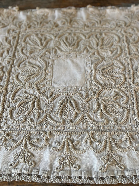 Antique Heirloom Whitework Embroidery Linen Cushion Cover: C19th Italy