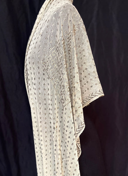 Art Deco Assuit Shawl Hand Embroidered White with Silver Metal Thread: C1920 Egypt