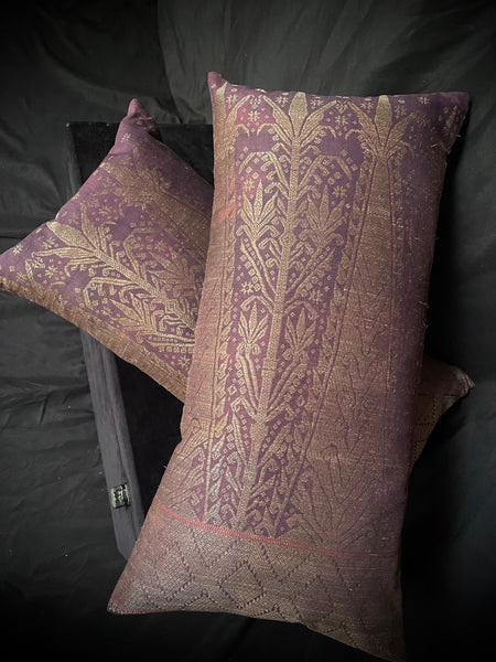 Handmade Cushion Made with Antique Brocaded Silk and Gilt Thread Panel: C19th Sumatra