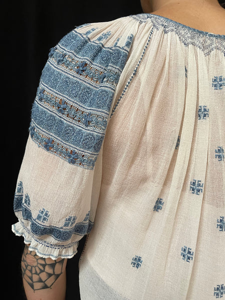 Ultra Fine Silk Embroidered Muslin Folk Costume Blouse: C1920 Eastern Europe