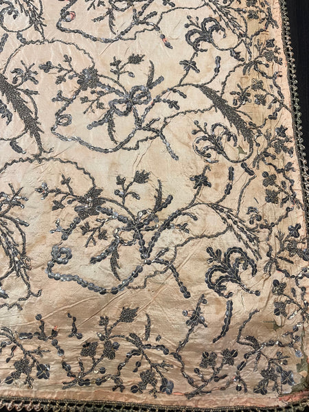 Antique Gilt Thread and Sequin Pink Silk Wallhanging: C18th Ottoman Turkey
