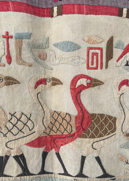 Antique Egyptian Revival Appliqué Wallhanging with Herders, Geese, Hieroglyphics: C1920s Egypt