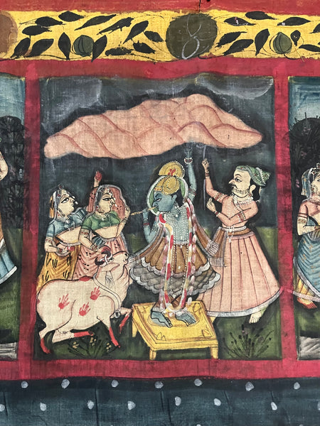 Hand Painted Pichawai Wallhanging Devotional Temple Hanging Krishna: C19th India