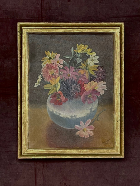Still life Painting with Vase of Flowers: C1950 British
