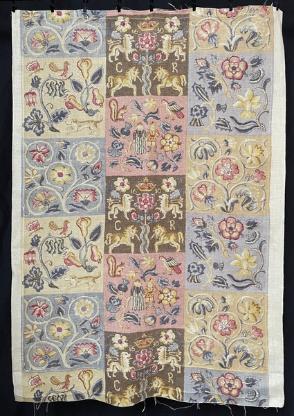 Charming Jacobean Revival Printed Linen Panel with Figures, Animals,  Florals: C1920 England