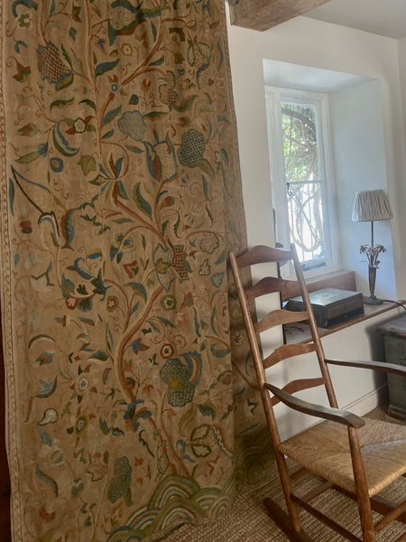 Antique Jacobean Revival Crewelwork Wallhanging with Tree of Life: C20th India for export to Europe