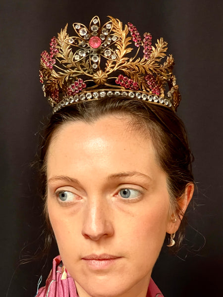 Antique Fine Gold Gilt Headdress Tiara set with Pink Diamanté: C19th France