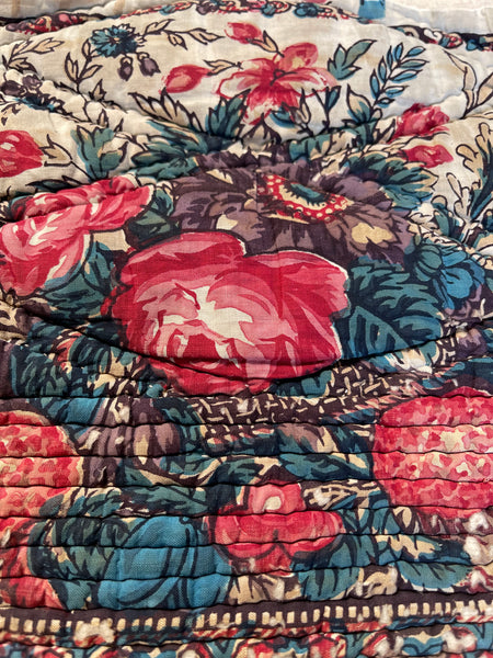 Antique Quilted Block Print & Hand Painted Floral Mezzaro Border: C19th Europe