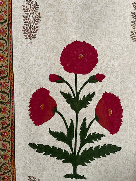Block Printed Hangings or Curtain Panels with Poppies: C20th Jaipur, India
