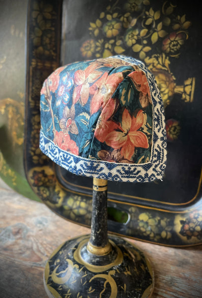 Antique Traditional Folk Costume Chintz Baby’s Bonnet: C19th Marken, Netherlands. Blue/Brown