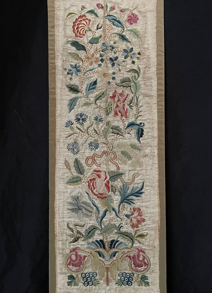 Antique Fine Silk and Wool Embroidered panel with Bouquet of Flowers: C1700 England