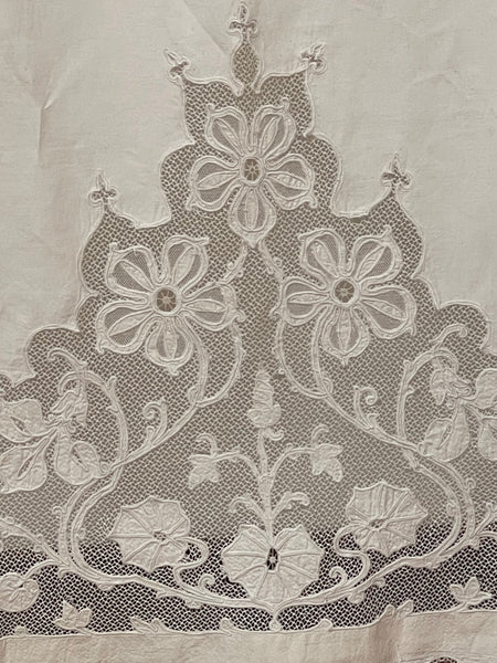 A Pair of Art Nouveau Cutwork and Embroidered Chateau Window Curtain Panels: C1900 France