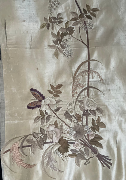 Three Fine Antique Silk Embroidered Panels Florals Butterflies Time Worn: C19th China