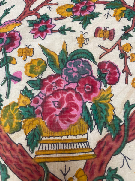 Block Print Tree of Life with Parrots, Peacock, Flowers & Butterflies: C20th India