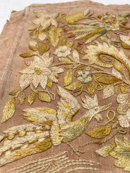Antique Georgian Crewelwork Embroidery with Birds and Florals: C1700s England