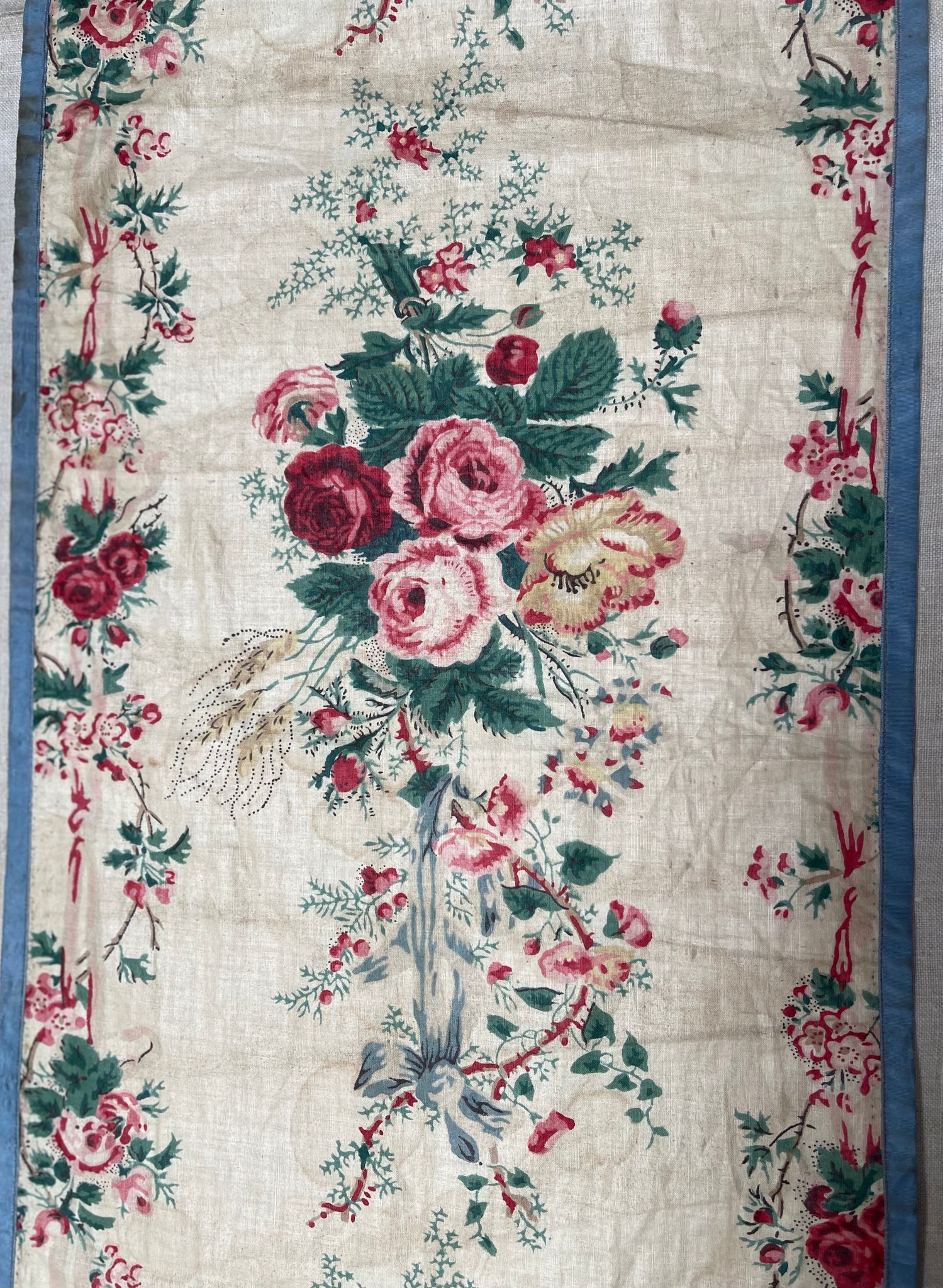 Antique Glazed Chintz Long Panel with Roses & Ribbons: C19th France