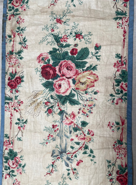 Antique Glazed Chintz Long Panel with Roses & Ribbons: C19th France