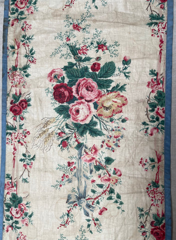 Antique Glazed Chintz Long Panel with Roses & Ribbons: C19th France