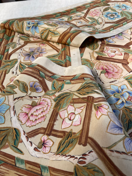 Hand Painted Chinoiserie Silk Panel Border Floral Vine: C1800 France