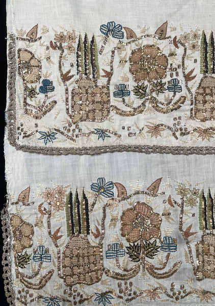 Pair Antique Ottoman Embroideries Silk and Metal Thread With Architectural & Garden Elements: C19th Turkey