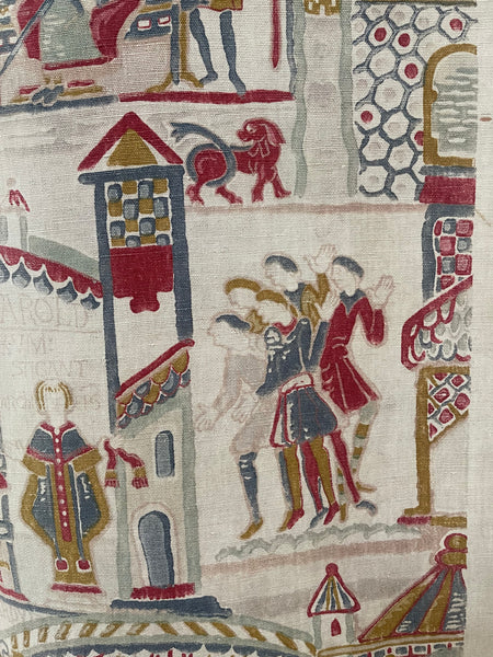 Antique Printed Linen Wallhanging Inspired by Bayeux Tapestry: C1920s Britain