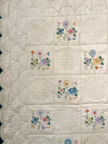 Pretty Handmade Silk Quilt with Appliquéd Floral Motifs: C1930 China for Export to Europe