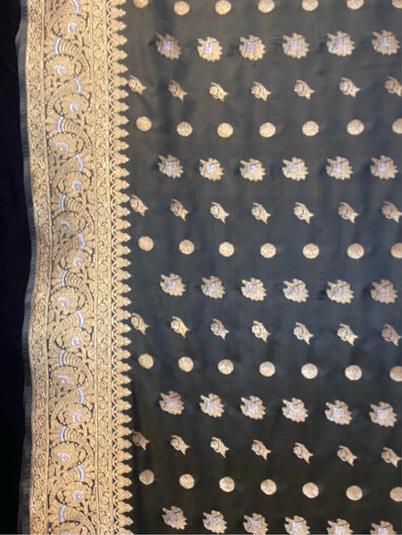 Antique Olive Green & Gold Traditional Silk Brocade Sari: C20th India