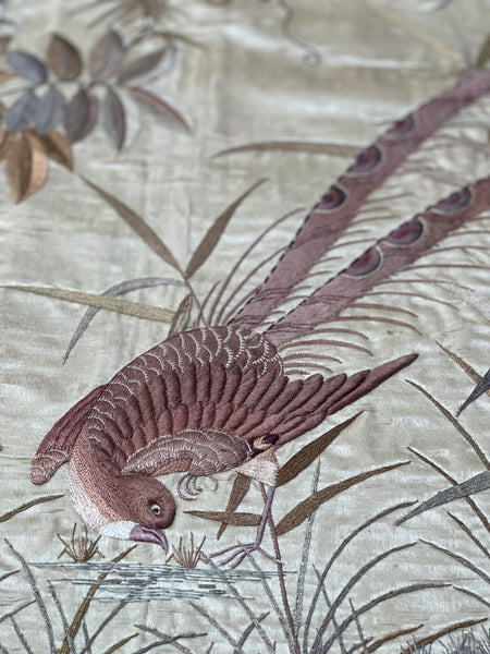 Antique Oval Silk Embroidery with Birds & Butterflies: C19th Qing dynasty, China