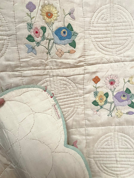 Pretty Handmade Silk Quilt with Appliquéd Floral Motifs: C1930 China for Export to Europe