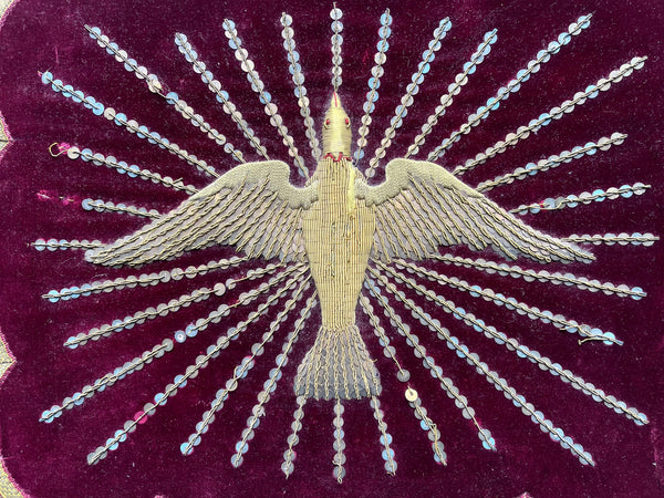 Ecclesiastical Velvet Panel with Gold Embroidered Stumpwork Dove of Peace: C19th France